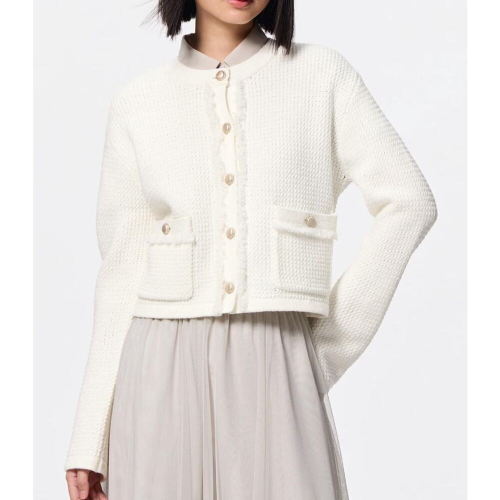 GU (Uniqlo) Fringe Double Pocket Knitted Jacket in Off White